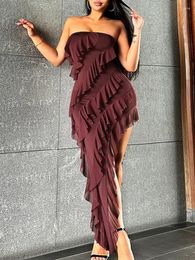 Casual Dresses Sexy Strapless Tassel Diagonal Hem Slim Maxi Dress Women Sleeveless Irregular Skinny Long Elegant Club Party Vestidos