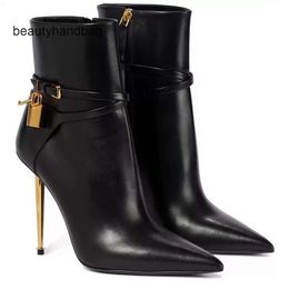 Tom Fords wedding women padlock boots pointy ankle gold boots toe thin heel and brand heeled designer woman dress Belt boot party gift with box TL7X