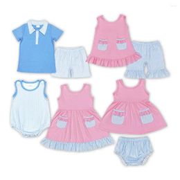 Clothing Sets Match Fashion Baby Girls Boys Blue And White Striped Collar Lace Pocket Bow Sleeveless Top Set Wholesale Children Clothes
