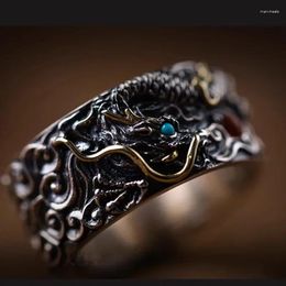 Cluster Rings Vintage 925 Silver Embossed Design Auspicious Clouds Dragon Mens Turquoise South Red Tourmaline Banquet Jewellery Adjustable