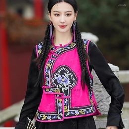 Ethnic Clothing 2024 Chinese Hanfu Tops Traditional Vintage O-neck Folk Vest Streetwear Sleeveless Jacket National Flower Embroidery