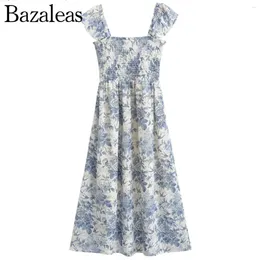 Casual Dresses 2024 Elegant Women's Store Elastic Body Midi Robe Blue White Floral Bird Print Ruffles Strap Sexy Party