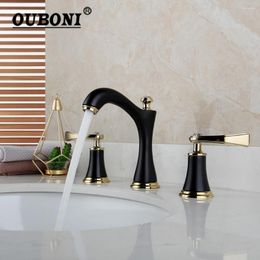 Bathroom Sink Faucets OUBONI Matte Black Golden Faucet Deck Mount Stream 2 Diamond Handles Chrome Brass 3 Pcs Bathtub Basin Mixer Tap