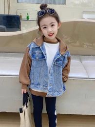 Jackets Kids Girls Patchwork Hooded Denim Jacket Long Sleeve Singe Breasted Casual Jeans Coat Spring Autun Clothes Outerwear