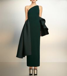 Elegant Short One Shoulder Green Evening Dresses With Ruffles Sheath Crepe Ankle Length Zipper Back Prom Dresses with Slit for Women