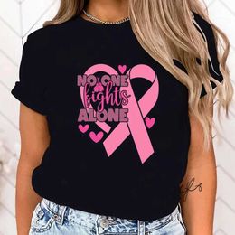 Women's T-Shirt (High Quty Clothes)Funny Breast Cancer Awareness No One Fights ne Letter Print T-Shirt Womans Casual Tops Summer Cool Tops T240523