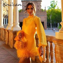 Casual Dresses Solid Orange Fashion Women Dress Long Sleeve Bandage Loose Feathers Elegant Ladies Mini Chiffon Vestidos Mujer Robe