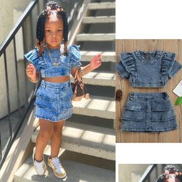 Clothing Sets Summer Toddler Girls 2 Piece Clothes Denim Topstiered Skirts Washed Blue Street Style Gothic Acubi Children Drop Deliver Ot5Kf