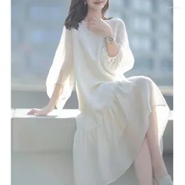 Casual Dresses 2024 Elegant Solid Female Dress Lantern Sleeves Noble Lady Gentle Commuting Round Neck Woman Clothing Simple Clothes