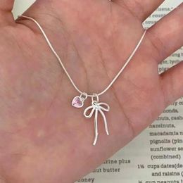 Pendants 925 Sterling Silver Necklace Elegant Simple Bowtie Ribbon Pink Heart Pendant For Women Girl Jewellery Gift Drop Wholesale