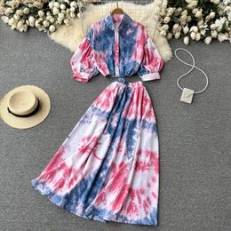 Work Dresses Seaside Holiday Womens Oil Painting Dyeing Gradient Blouse Suits Single-Breasted Short Shirt Crop Top Long Skirts 2 Piece Sets