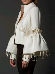 Vintage elegant standing neckline jacket womens spring pearl trim decoration embroidered flange sleeves party jacket evening dress 240509