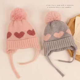 Autumn Winter Baby Girl Hat with Pompom Heart Pattern Kids Beanie Caps Warm Knitted Infant Toddler Bonnet Hats Baby Accessories