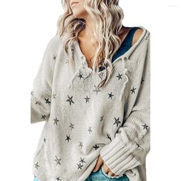 Women's T Shirts Grey Mini Starfish Embroidered Knitted Sweater V-Neck Pullover Long Sleeve 2722509