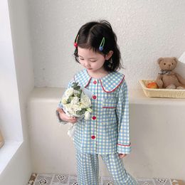 Pamas Spring and Autumn Long Sleeve Children Girls Baby Cardigan Sleepwear Two Sets Girl Plaid Pama Set L2405
