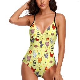 Women's Swimwear Farm Animal Swimsuit Cartoon Chickens Print Push Up One Piece Deep V Bathing Suits Sexy Stylish Swimsuits Beachwear