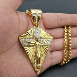 14K Gold Big Jesus Cross Pendant Chain Male Golden Color Paved Rhinestones Crucifix Necklaces For Men Jewelry