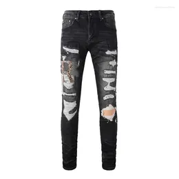 Men's Jeans USA Drip Distressed Boys Skinny Stretch Stretwear Leather Letters Embroidered Black Ripped With Tags