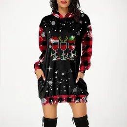 Casual Dresses Merry Christmas Wine Prints Hoodies Dress Women Bag Hip Plus Size Long Sleeves Sweatshirts With Pockets Vestidos