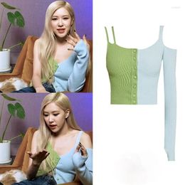 Women's Blouses Kpop Korean ROSE Streetwear Fashion Slim Strapless Tops Knit Camisole Cardigan Shirt Women Stage Sexy Patchwork Backless