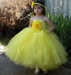 Girl Dresses Girls Yellow Flower Tutu Dress Kids Crochet Tulle Ball Gown With Hairbow Children Birthday Party Costume Evening