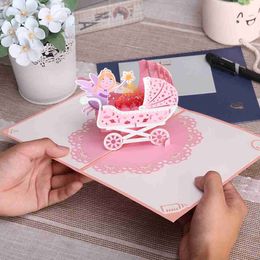 Gift Cards Greeting Cards Newborn 3D stroller greeting card baby shower invitation 2 colors WX5.22