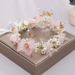Headpieces Pink White Flower Headbands Bracelet Pearl Crystal Hair Hand Ribbon Bridal Wedding Accessories Jewellery Vines Butterfly Band