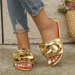 Summer Women Decorative Metal Slippers Sandals Flat Heel Female Outdoor Beach Casual Sexy Plus Si 00e