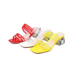 PVC 5CM Ladies Low Women 2024 Heels Sandals Summer Retro Casual Flip-flops Wedding Dress Gladiator Sexy Shoes Outdoor Indoor Transparent Diamond B 1b7