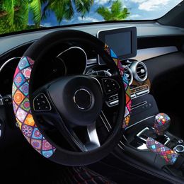 Steering Wheel Covers 3 Pieces Of Fabric Checker Flower Spider Web Car Without Inner Ring Cover Handbrake Handle