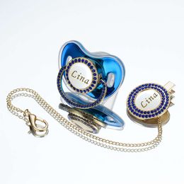 MIYOCAR Sparkling Bling Custom Baby Pacifiers and Clips/Holder Kit Name Adorned with Blue Rhinestones for boy girl L2405