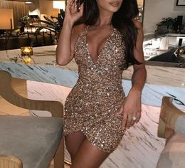 Casual Dresses Sexy Women Sequins Glitter Sparkle Deep V Neck Halter Backless Bodycon Short Mini Dress Evening Party Wrap Hip Pack6364938
