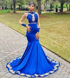 Party Dresses Classic Royal Blue Evening Sheer Neck Long Sleeves Mermaid Prom Dress Sweep Train Appliques Gown For Women