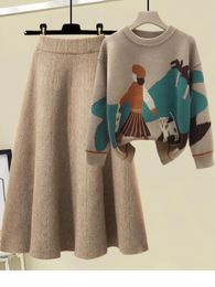 Work Dresses Set Skirt Autumn Belly Cover Long Sleeve Tie-dye Needle Sweater For Women High Waist Slim Mid-length A-line