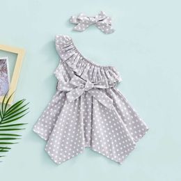 1-5Y Summer Kids Girls' Sweet 4 Colours Polka Dot Printed One Shoulders Ruffles Irregular Hem Dress with Belt