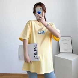 100% cotton pregnant woman summer short sleeved T-shirt for women 200 pounds large loose medium length cartoon printed casual bottom shirt