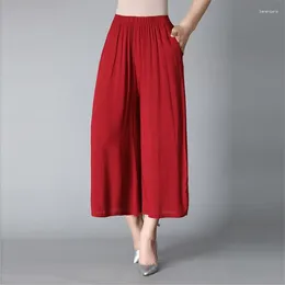 Women's Pants Solid Summer Casual Capris Loose Large Size Cotton Linen Wide Leg Culottes
