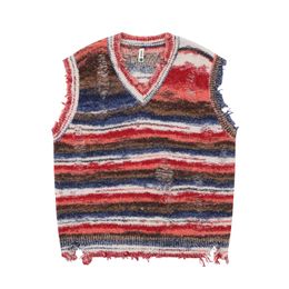 Vintage Gradient Stripe Baggy Knitted Sweater Y2k Vest Washed Ripped Knitwears Tank Top Tie Dyeing V-Neck Sleeveless Pullovers 240518