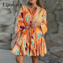 Casual Dresses Fashion Drawstring Tie-up A-Line Dress Retro Pattern Print Female Mini Spring Summer Half Sleeve Women Shirt
