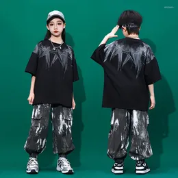 Clothing Sets 4-16 Years Old Summer Kids Black Short Sleeve T-Shirt Girls Hip Hop Loose Pants Boys Street Style Dance Clothes