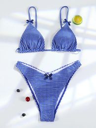 Women's Swimwear Blue Bowknot Bikinis Set For Women Lattice Swimsuit Summer Beach Wear Thong Mini Swimming Bathing Suit 2024
