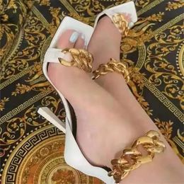 Pumps 2024summer Sandals Fashion Chain Slippers Shoes Women Thin High Heels Slip on Square Toe Slides Sandal 4c8