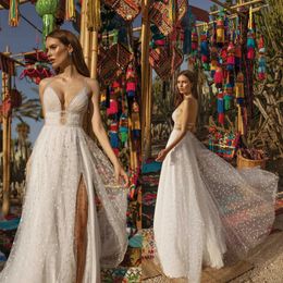 Dadush Tulle Asaf Wedding Dresses Lace Appliqued Beach Spaghetti V Neck A Line Bohemian Split Boho Bridal Gowns Vestido De Novia