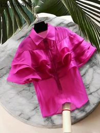 Women's Blouses Korean Lapel Neck Camisas Spliced Ruffles Shirts Short Sleeve Blusas Single Breasted Ropa Mujer Summer Loose Tops
