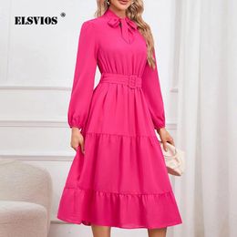 Casual Dresses Elegant Solid Colour Ladies Dress Long Sleeve Stand Collar Bow Lace-up Cake A-line Skirt Spring Autumn Women Party