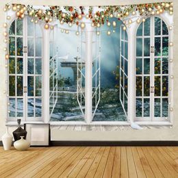 Tapestries Beautiful Window Curtains Scenic Background Decoration Tapestry Night View Moonlight Outside The