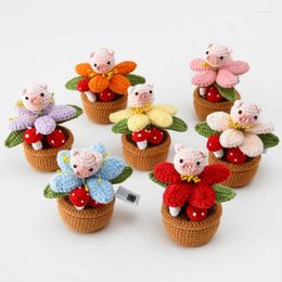 Decorative Flowers Cartoon Pig Crochet Flower Pot With LED Light Hand Woven Potted Plant Knitted Artificial Handmade Gift