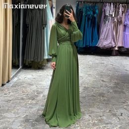 Party Dresses Maxianever V-neck Long Sleeves Green Chiffon Evening Dress Women's Vestido De Festa Casamento