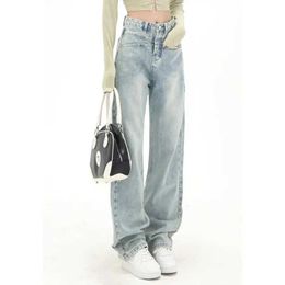 Women's Jeans Straight jeans womens high waisted street clothing light blue denim pants womens wide leg loose fitting jeans Q240523