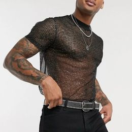2024 Sexy MenS Nightclub Style T-Shirt Sequins Mesh Loose Breathable Fashion Nightclub Party Bottoming Shirts Stage Costume 240524